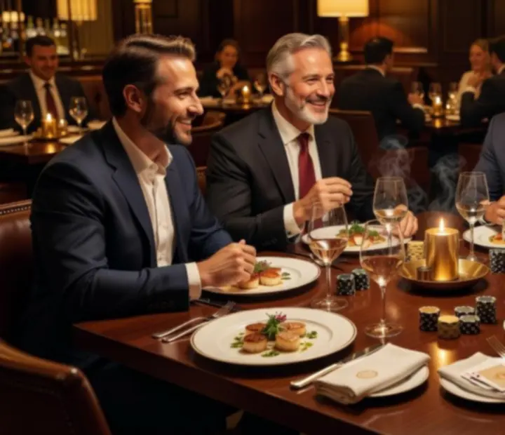 Atmosférická koláž z prostredia Lunveerra – hostia pri pokri, fine dining a teplé svetlo