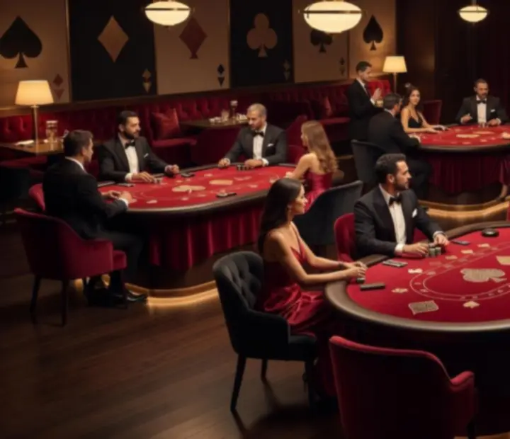Kasínový salón s teplým osvetlením a pokerovou atmosférou