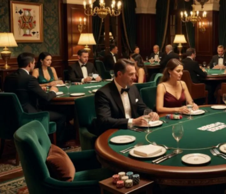 Luxusný pokerový stôl v reštaurácii Lunveerra s teplým osvetlením a fine dining prestieraním