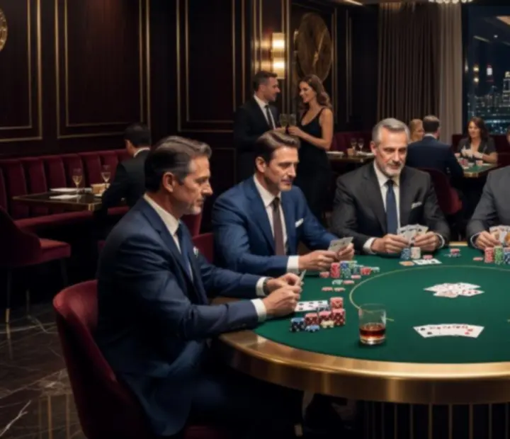 Živý pokerový event s hráčmi pri stole a krupiérom v reštaurácii Lunveerra
