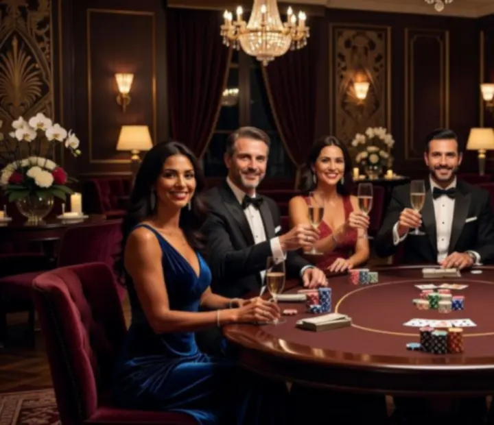 Víťazi pokerového turnaja a hostia oslavujúci pri elegantnom stole