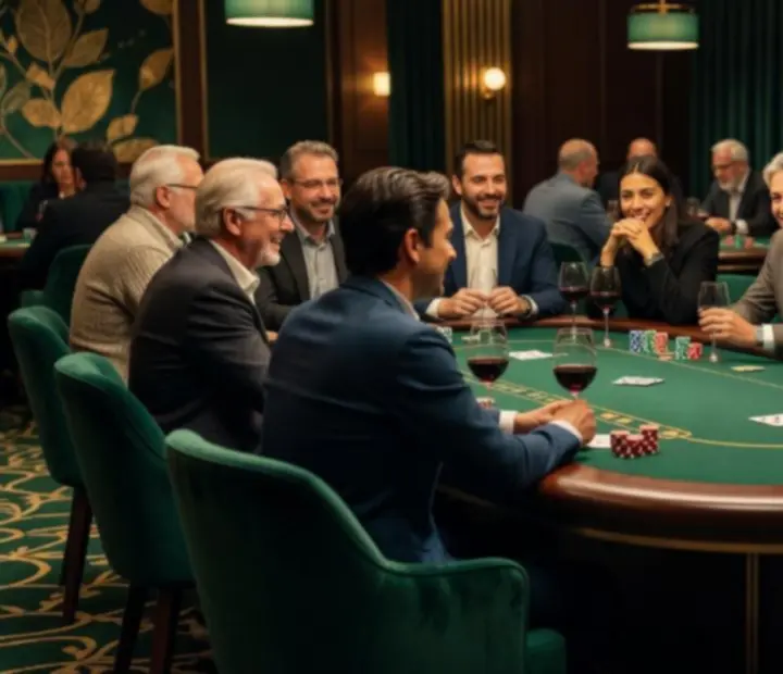 Pravidelná piatková poker night s hosťami pri elegantných stoloch