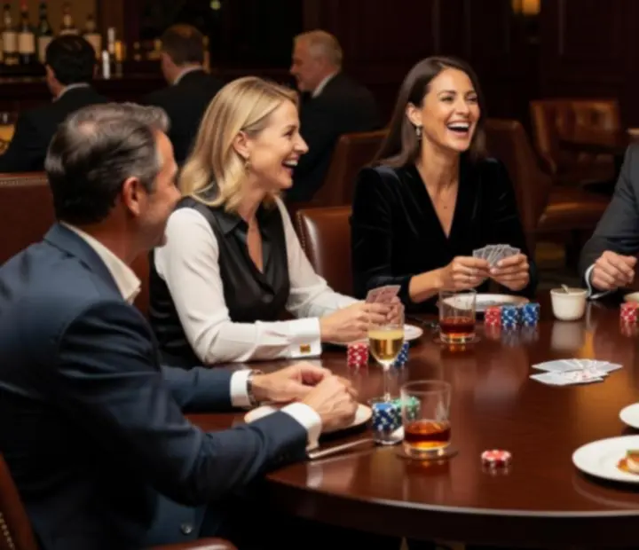 Hostia diskutujúci pri pokerových stoloch v spoločenskej atmosfére