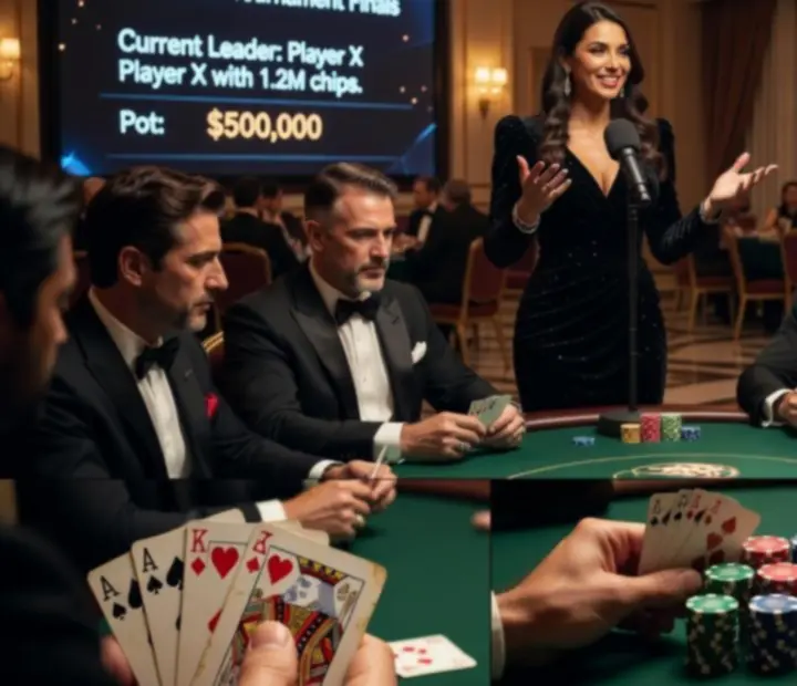 Živá reportáž z pokerového turnaja s detailom žetónov a kariet