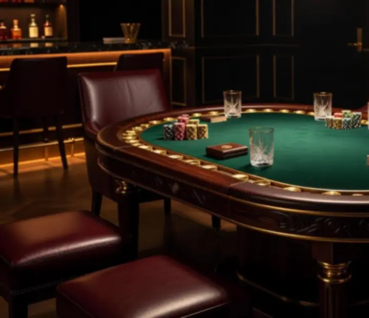 VIP pokerový stôl v súkromnom salóne s teplým svetlom a prestretým stolovaním